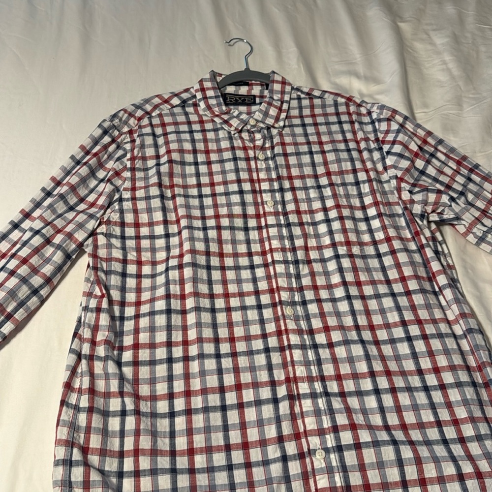 Men’s Rye button down shirt. Red and Blue plaid on white background